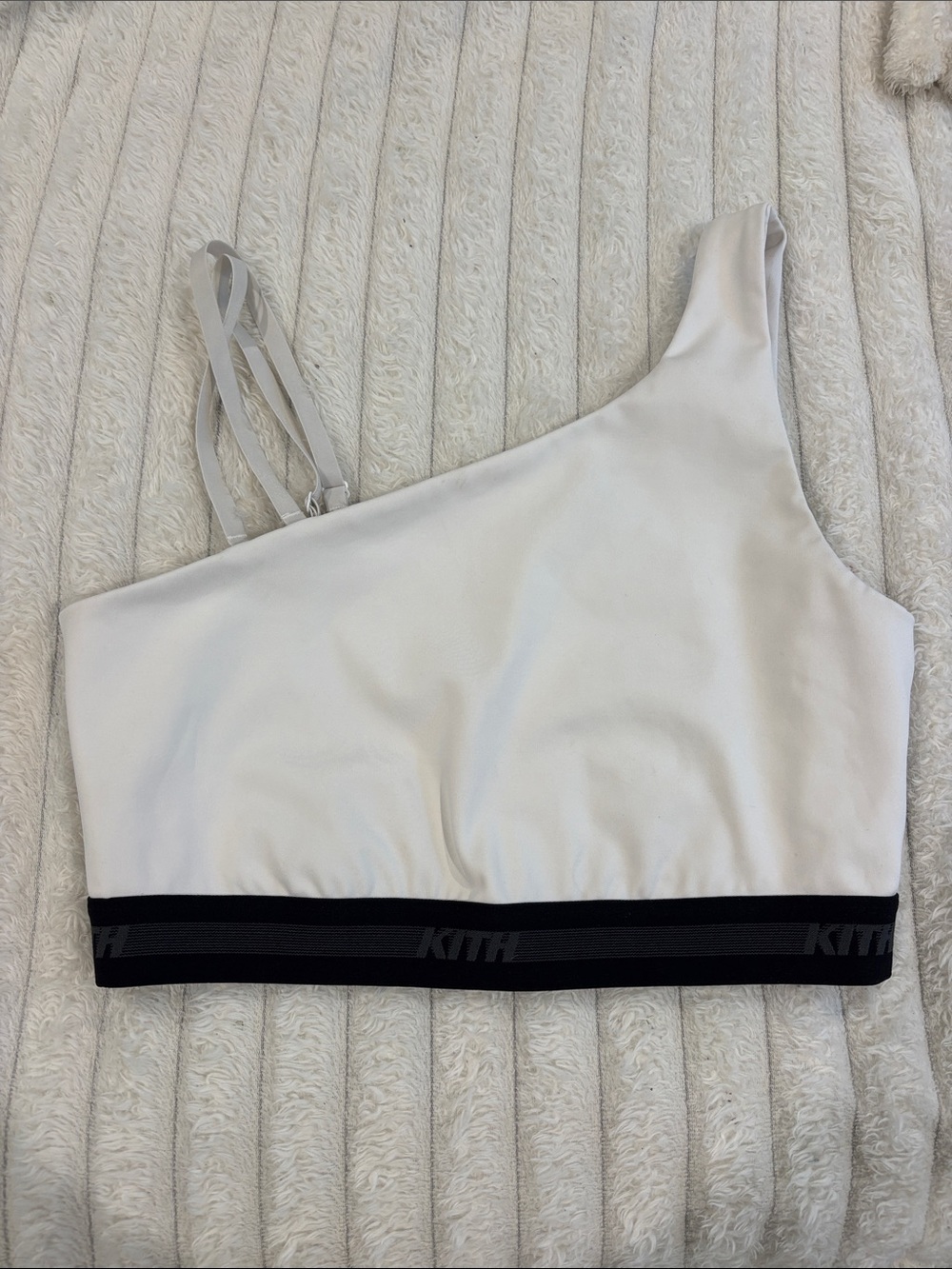 Kith Asymmetric White Sports Bra with Black Logo Band